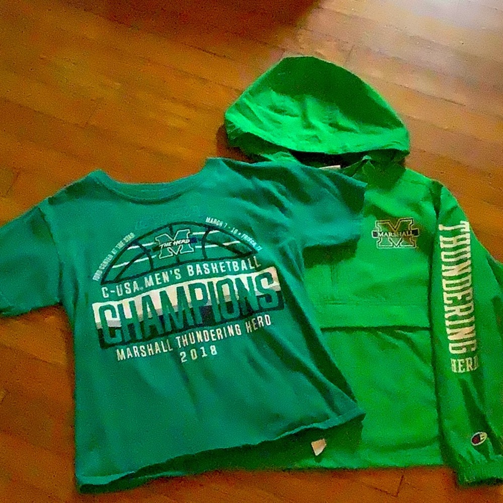 Marshall Thundering Herd half zip nylon hooded pullover and t shirt, youth small